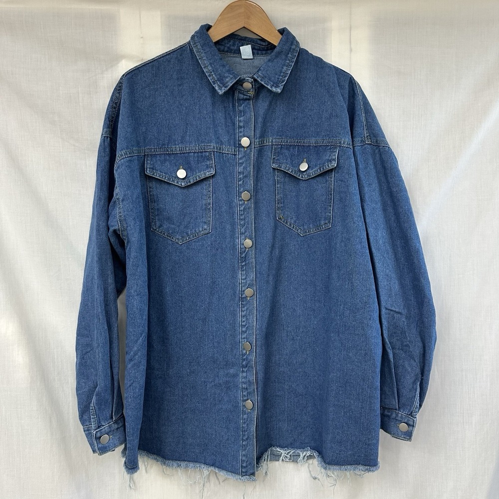 Vintage Jeans 2XL Oversized Button Up Frayed Hem Shacket Chore Coat Denim *Hole*